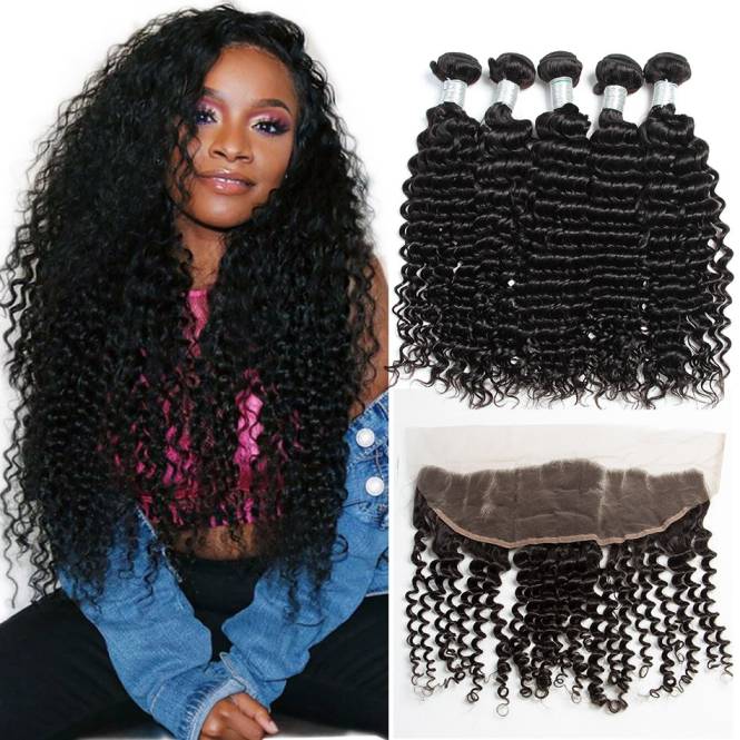 mybombhair 3 Bundles With 13*4 Lace Frontal Closure Brazilian Deep Curly Color 1b