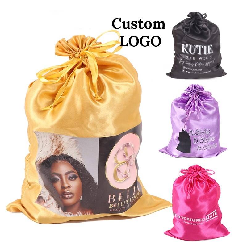 Custom Drawstring Satin Wig Bag Storage with Branded Logo