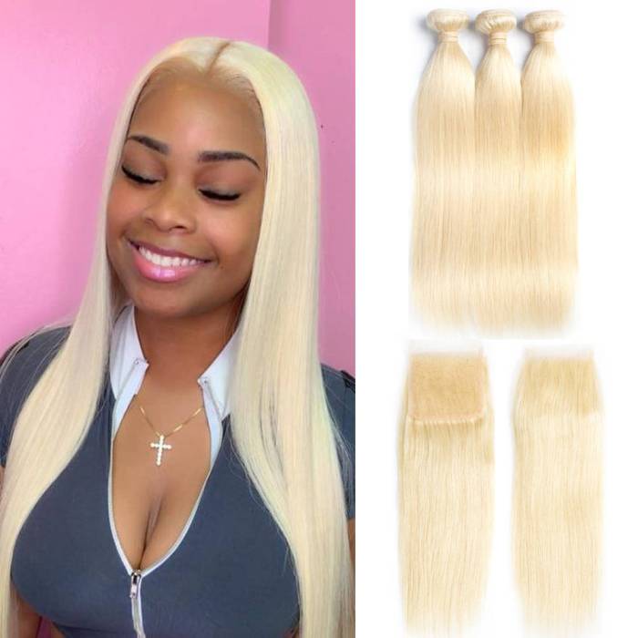3 Bundles With 4X4 Lace Closure Straight Hair Blonde #613