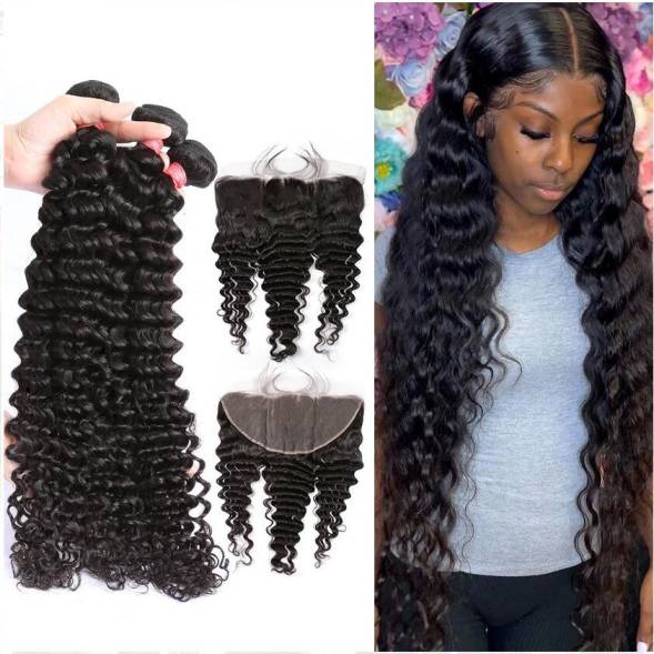 3 Bundles With 13X4 Lace Frontal Deep Wave