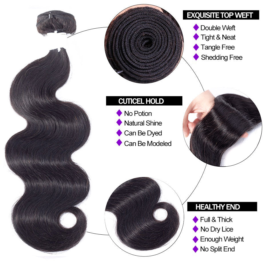 Cambodian Body Wave 3 Bundles With 4*4 Lace Closure