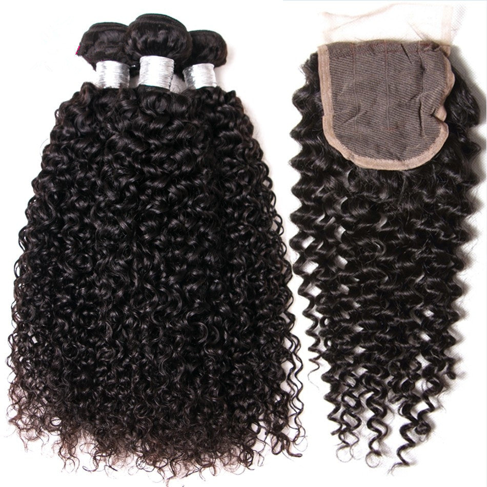 3 Bundles With 4*4 Lace Closure Brazilian Deep Curly Hair 