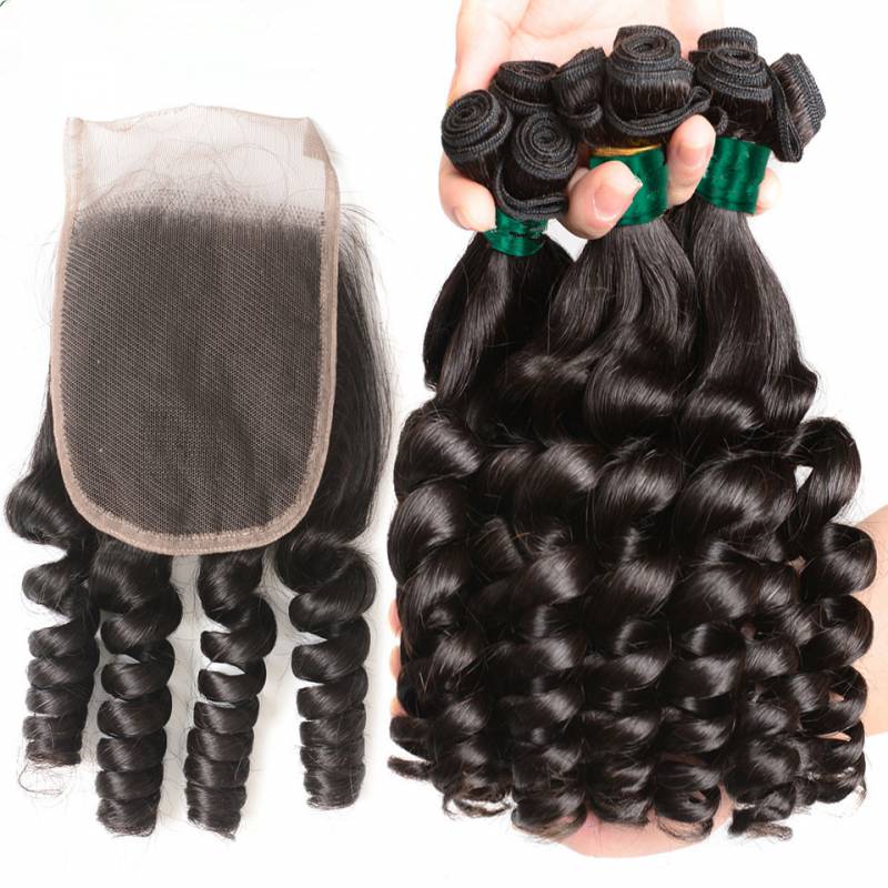 Brazilian Funmi Curly 3 Bundles With Closure Tight Spiral Curl Remy Hair Extensions