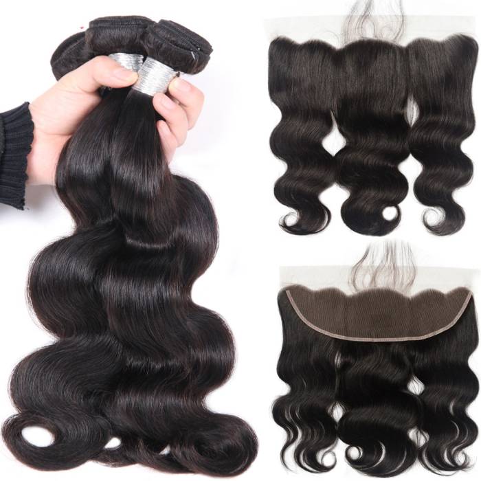 mybombhair 3 Bundles With 13*4 Lace Frontal Closure Brazilian Body Wave Color 1b