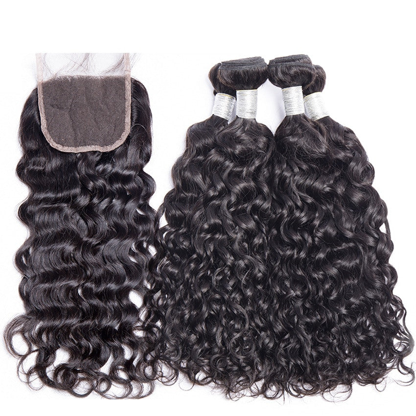 mybombhair 3 Bundles With 4*4 Lace Closure Brazilian Water Wave Hair 